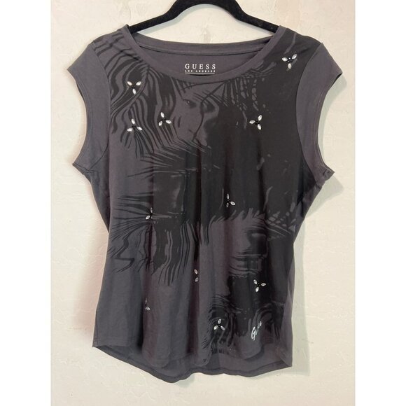 Guess Sz M Black Tee Shirt with Crystal Embellishments Cap Sleeve - Picture 2 of 7